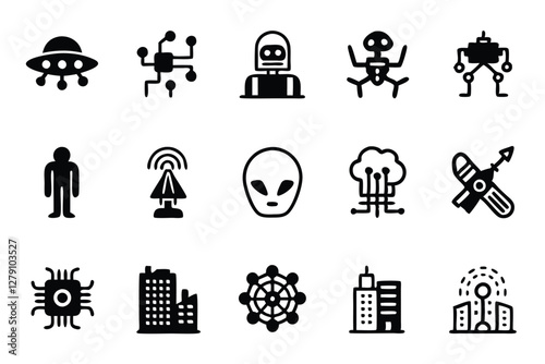 Design a cyberpunk dystopian tech icon pack inspired by neon aesthetics.  Include futuristic interfaces, data streams, and advanced weaponry.