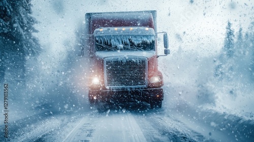 Icy Road Ahead: Big Rig Braving Blizzard