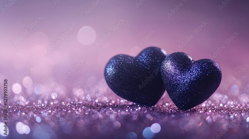 Fototapeta premium Two sparkling purple hearts on glitter background