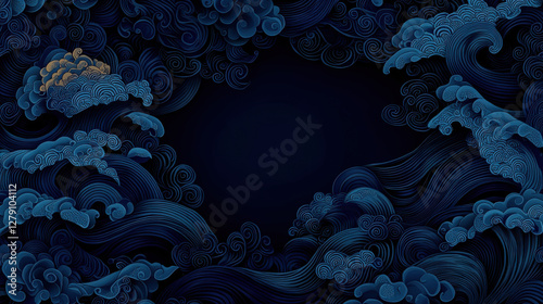 Fototapeta Naklejka Na Ścianę i Meble -  Intricate hand drawn Japanese wave pattern in indigo tones