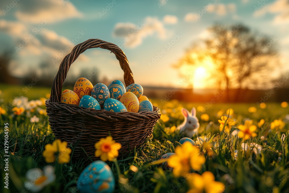 A vibrant 3D realistic illustration of an Easter celebration. A lush green meadow is adorned with colorful eggs, a wicker basket, blooming flowers, bunnies, and chicks under a golden sunrise, evoking A vibrant 3D realistic illustration of an Easter celebration. A lush green meadow is adorned with colorful eggs, a wicker basket, blooming flowers, bunnies, and chicks under a golden sunrise, evoking