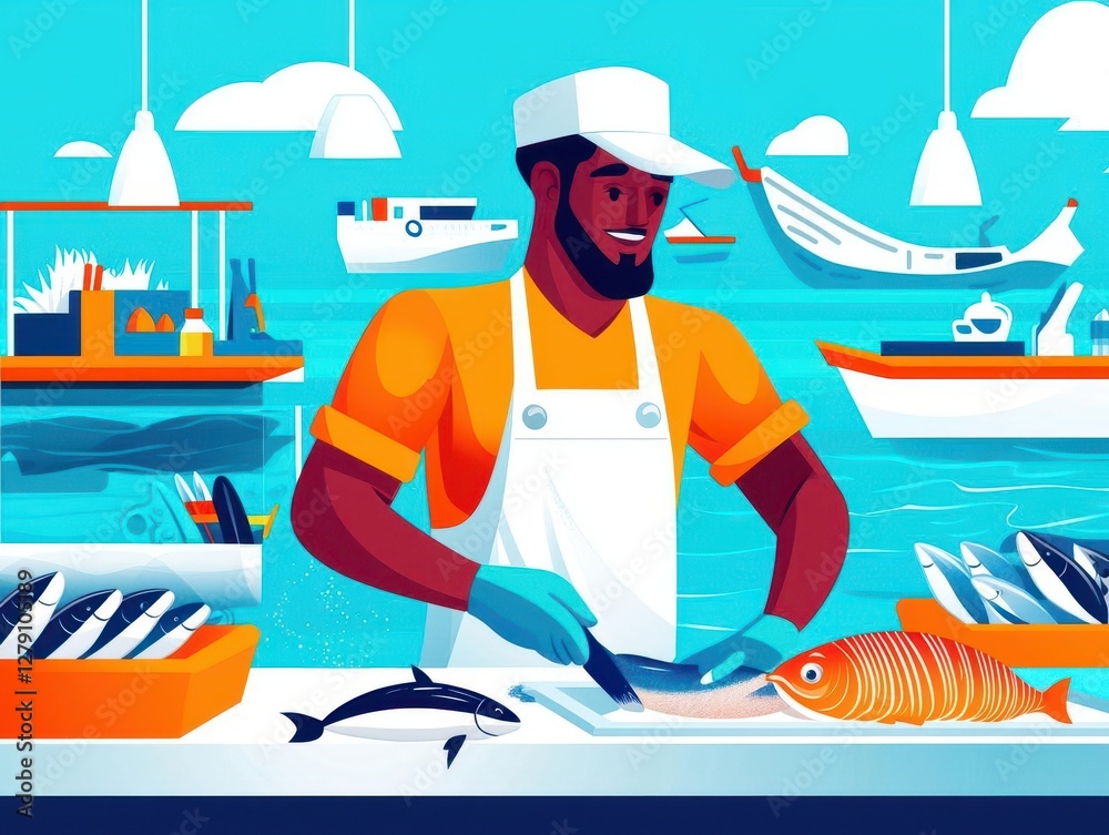 Obraz premium Fisherman cleaning fish at market stall, practical and authentic vibe, flat design illustration