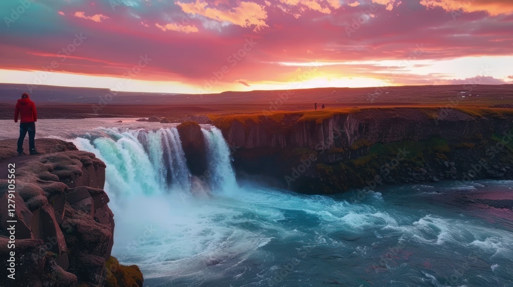 Fototapeta premium Man admires sunset waterfall Iceland
