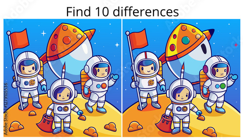 Vector illustration of "Find 10 Differences" featuring playful astronauts and a spaceship