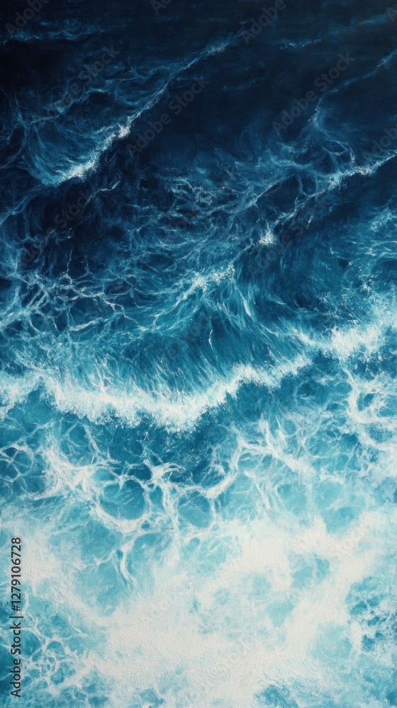 Obraz premium Turbulent beauty, An aerial view of oceanic waves in varying blue hues