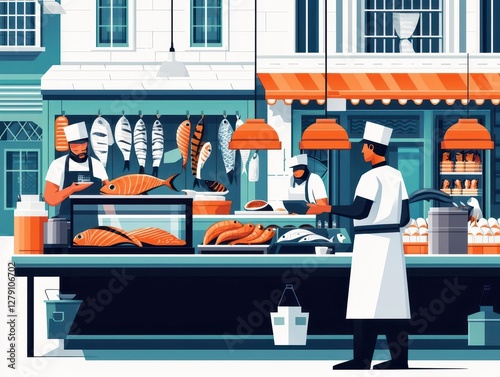 Asianstyle seafood market, exotic fish and bustling activity, flat design illustration photo