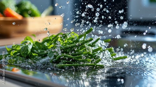 Dynamic action of blanching green beans in boiling water bright kitchen environment realistic cooking shot culinary techniques
