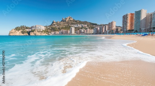 A serene beach scene featuring araffes with a majestic mountain towering in the background, showcasing nature's beauty and tranquility. photo