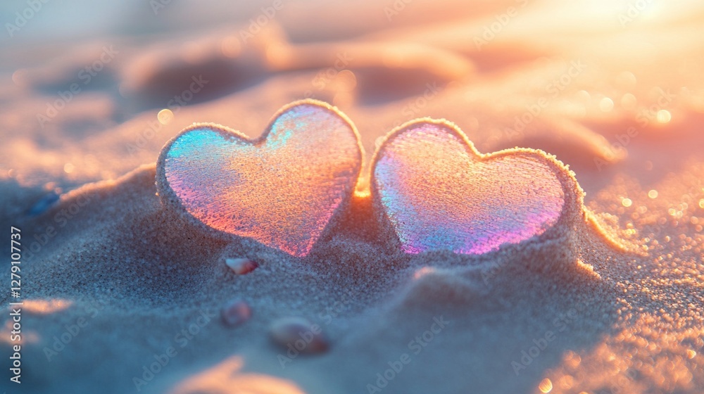 Fototapeta premium Two iridescent glass hearts on a sandy beach at sunset