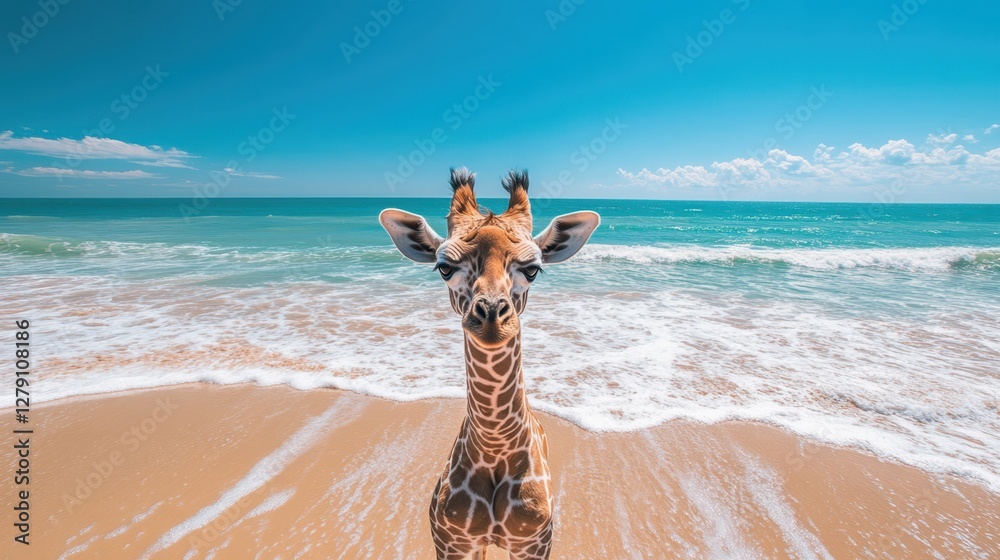 Obraz premium A giraffe stands on the beach, gazing directly at the camera, showcasing a unique blend of wildlife and coastal scenery.