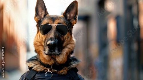 Cool German Shepherd city street portrait, sunglasses, urban background, advertising photo