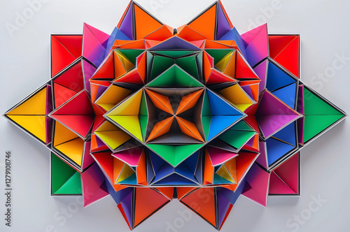 Vibrant Kaleidoscopic Digital Artwork with Symmetrical Geometric Patterns, Radiating Star Design, and a Dynamic Blend of Bright Colors Creating Depth, Movement, and Visual Impact