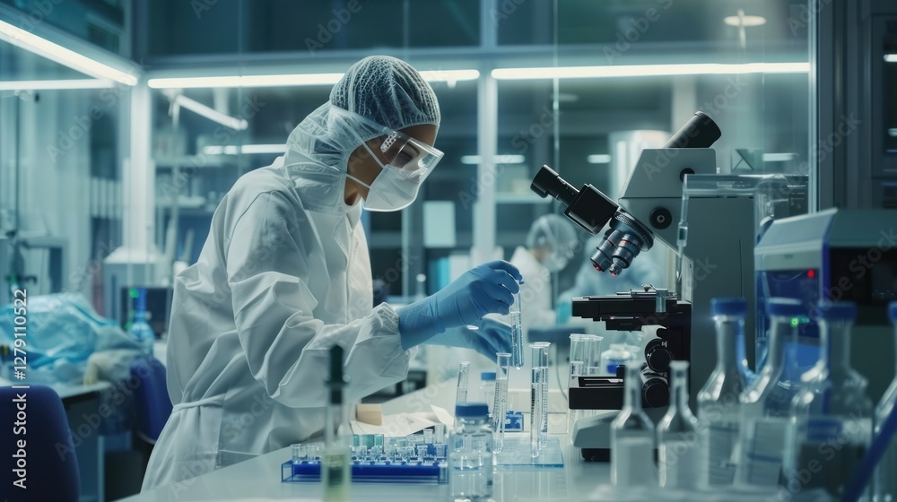 Scientist using microscope in modern lab, research