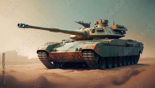 Realistic Modern Battle Tank Illustration – Low-Angle View Showcasing Powerful Cannon & Armor in Subtle Earthy Tones photo