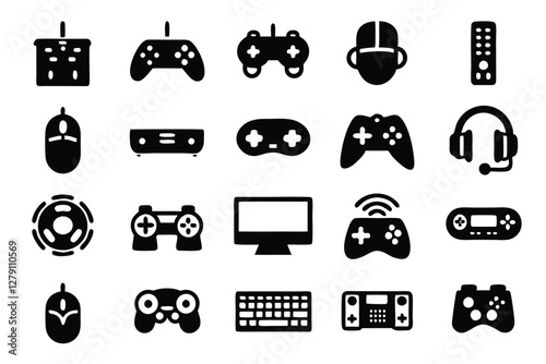 Create 15 high-quality vector icons depicting diverse gaming technology;  include controllers, headsets, VR goggles, and classic arcade elements.