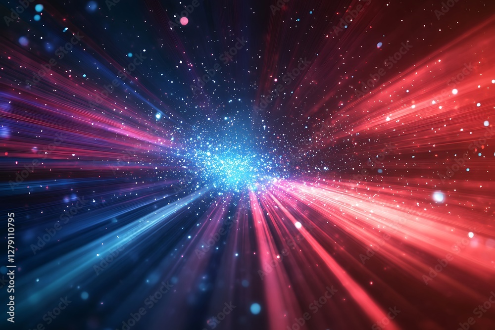 Naklejka premium Dynamic Abstract Background with Radiating Colors and Glittering Particles