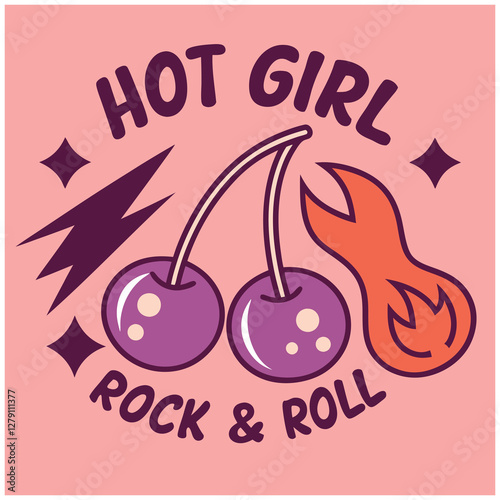 Hot Girl Rock And Roll T Shirt Design With Flaming Cherries