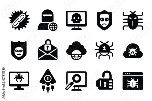 Create 15 edgy, vector icons depicting common cyber threats and hacking activities.  Design should be sharp and modern.