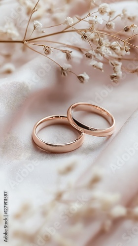there are two wedding rings sitting on a white cloth