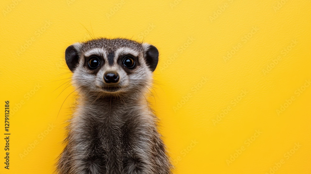 Obraz premium A small meerkat stands upright, curiously observing its surroundings against a vibrant yellow wall, showcasing its playful nature and alertness.