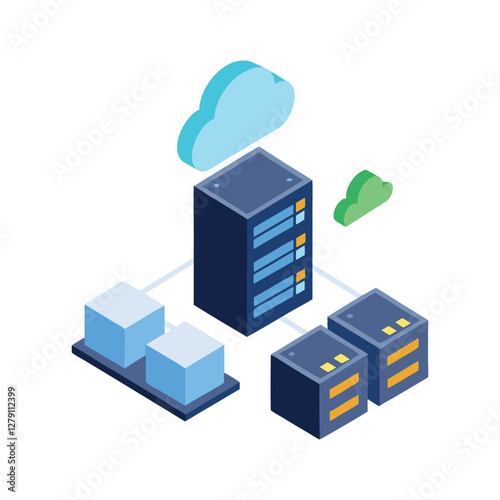 An isometric vector illustration of a well-organized server room on  white background