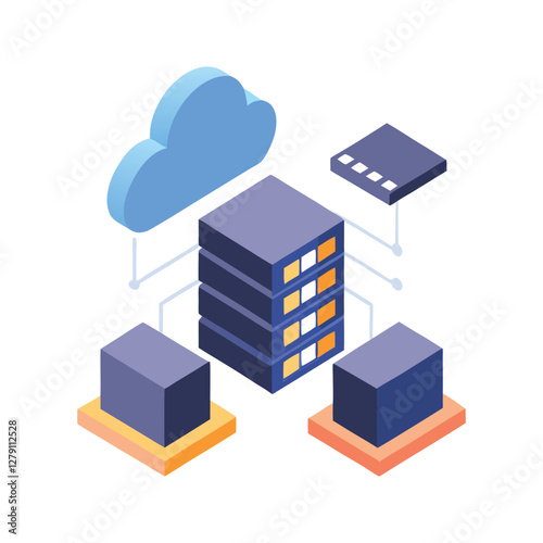 An isometric vector illustration of a well-organized server room on  white background