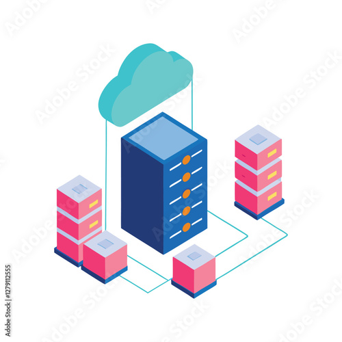 An isometric vector illustration of a well-organized server room on  white background