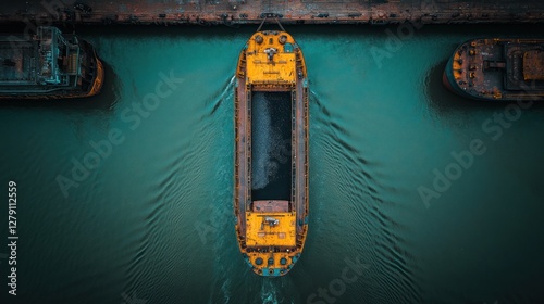Aerial view of cargo ship navigating canal; other ships in background