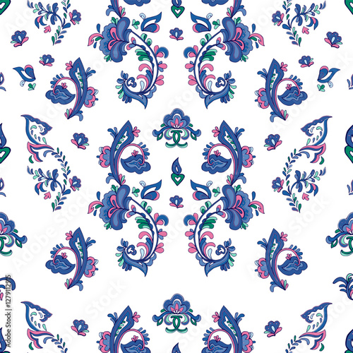 Seamless vector pattern with norwegian folk ornament. Rosemaling style. Hand drawn illustration. Background for greeting card, website, printing on fabric, gift wrap, postcard and wallpapers. 
