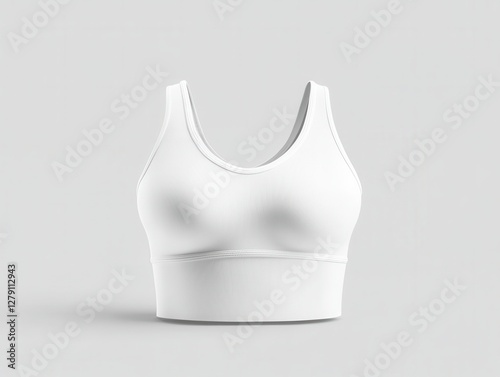 sport bra Mockup. White sports bra on a neutral background showcasing its texture and design. Ideal for fitness and activewear promotions.