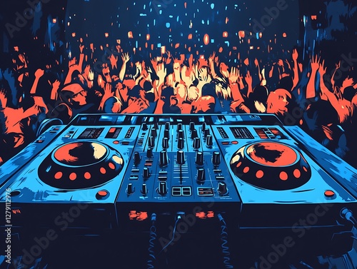 DJ console, ecstatic crowd, concert, music