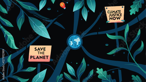 Design a striking banner advocating for climate justice, featuring vibrant green hues and impactful imagery symbolizing environmental protection and social equity.