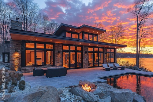Modern lakeside home with a patio pool and fire pit bathed in a warm sunset glow Luxurious outdoor living
