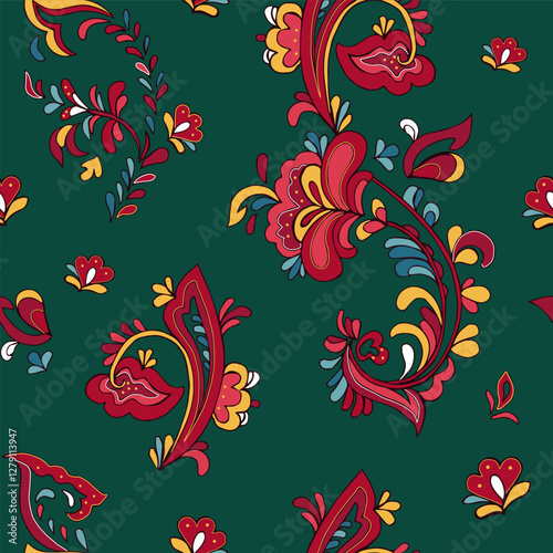 Seamless vector pattern with norwegian folk ornament. Rosemaling style. Hand drawn illustration. Background for greeting card, website, printing on fabric, gift wrap, postcard and wallpapers. 