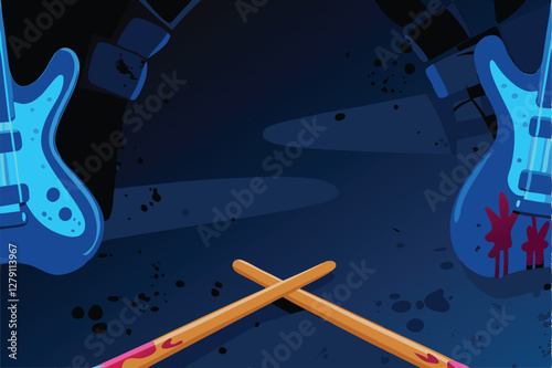 Create a gritty, edgy illustration of spray-painted electric guitars in a punk rock aesthetic; chaotic, rebellious, and visually striking.