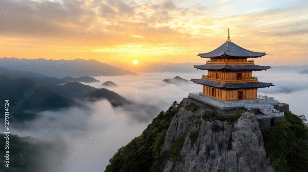 Serene Buddhist temple at sunrise surrounded by misty mountains and warm golden light in a tranquil landscape Serene Buddhist temple at sunrise surrounded by misty mountains and warm golden light in a tranquil landscape