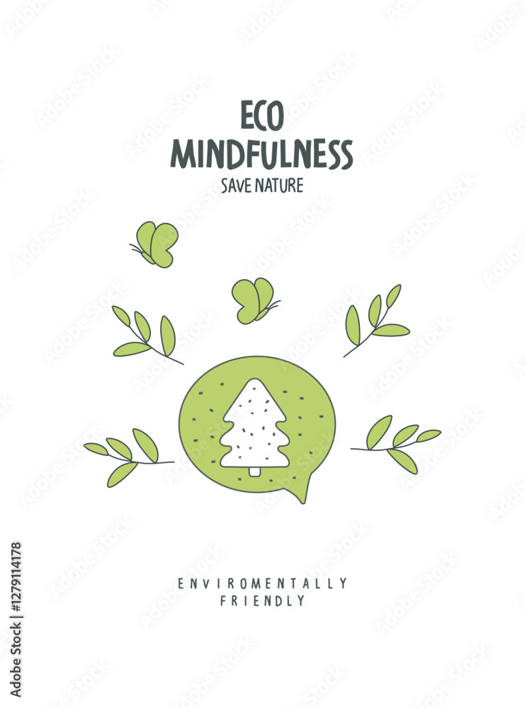 Fototapeta premium Vector cartoon sign sketch of plant trees in the speach bubble. Environmentally friendly planet concept. Think Green. Protect the World from pollution concept. 