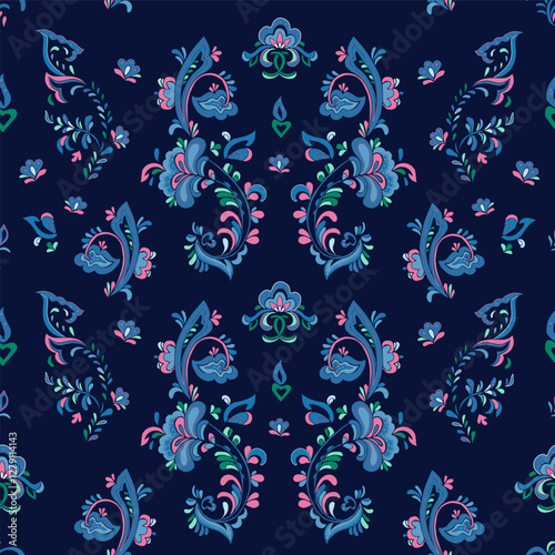 Seamless vector pattern with norwegian folk ornament. Rosemaling style. Hand drawn illustration. Background for greeting card, website, printing on fabric, gift wrap, postcard and wallpapers. 
