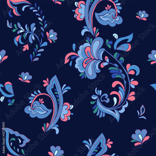 Seamless vector pattern with norwegian folk ornament. Rosemaling style. Hand drawn illustration. Background for greeting card, website, printing on fabric, gift wrap, postcard and wallpapers. 