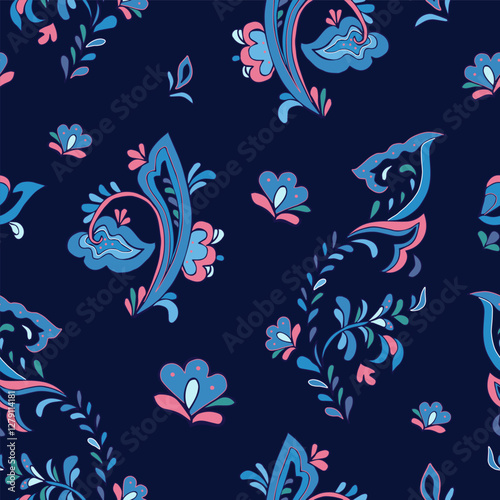 Seamless vector pattern with norwegian folk ornament. Rosemaling style. Hand drawn illustration. Background for greeting card, website, printing on fabric, gift wrap, postcard and wallpapers. 