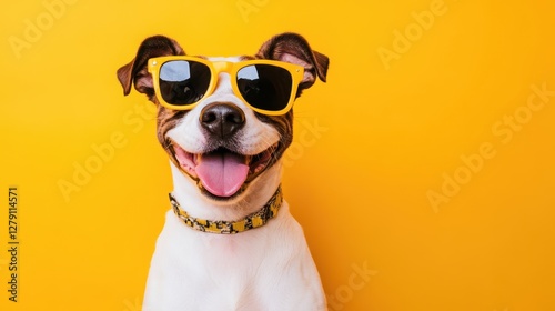 A playful giraffe dog sporting trendy sunglasses against a vibrant yellow background, exuding charm and whimsy in a fun, colorful setting.