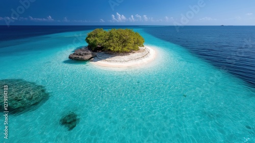 Breathtaking aerial view of a tropical island with white sandy beaches and vibrant coral reefs in clear turquoise waters