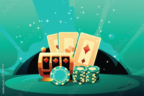 Create a sophisticated casino scene featuring elegant playing cards, poker chips, and a luxurious setting.  Focus on high-end design.