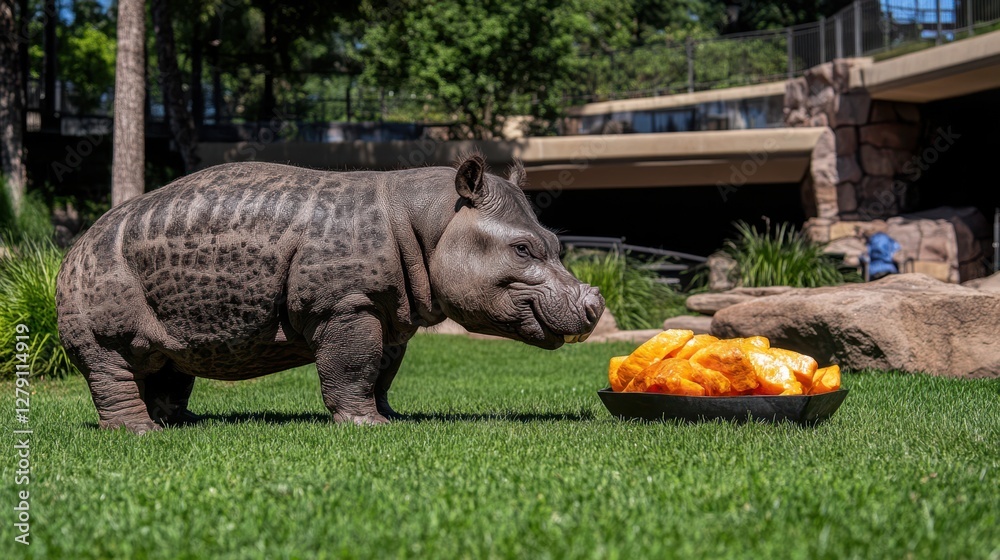 Fototapeta premium A solitary rhino grazes in lush grass beside a colorful bowl filled with ripe oranges, showcasing a unique blend of wildlife and vibrant fruit.