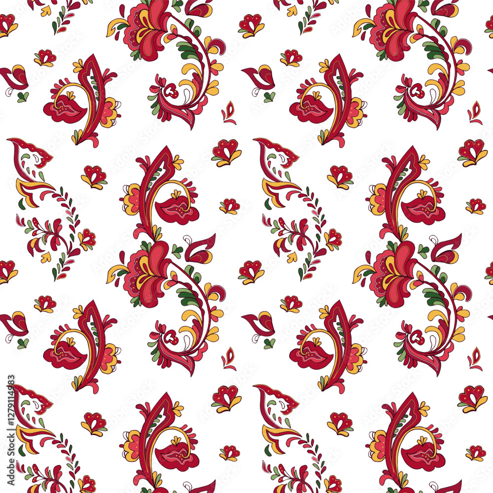 Obraz premium Seamless vector pattern with norwegian folk ornament. Rosemaling style. Hand drawn illustration. Background for greeting card, website, printing on fabric, gift wrap, postcard and wallpapers. 