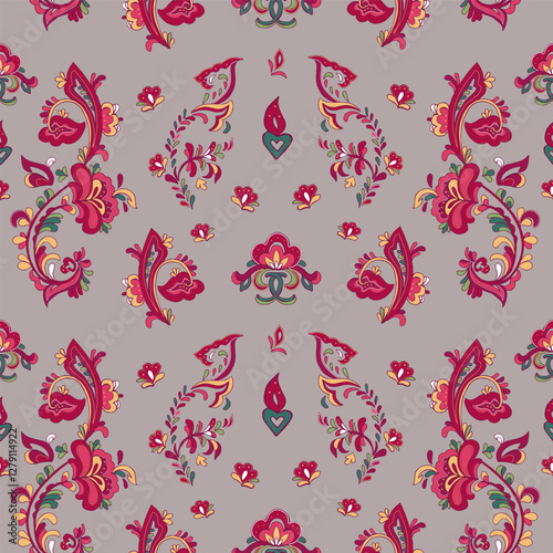 Seamless vector pattern with norwegian folk ornament. Rosemaling style. Hand drawn illustration. Background for greeting card, website, printing on fabric, gift wrap, postcard and wallpapers. 