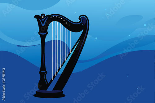Design an elegant harp silhouette on a soft, shimmering, iridescent background.  The harp should be intricately detailed.