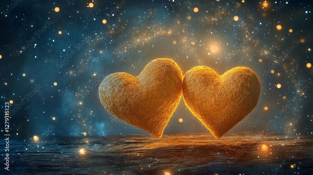 Fototapeta premium Golden Hearts Glowing in the Night Sky