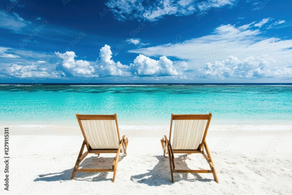 Two chairs overlook the ocean on a serene beach under a clear blue sky, creating a peaceful and inviting atmosphere for relaxation. Two chairs overlook the ocean on a serene beach under a clear blue sky, creating a peaceful and inviting atmosphere for relaxation.