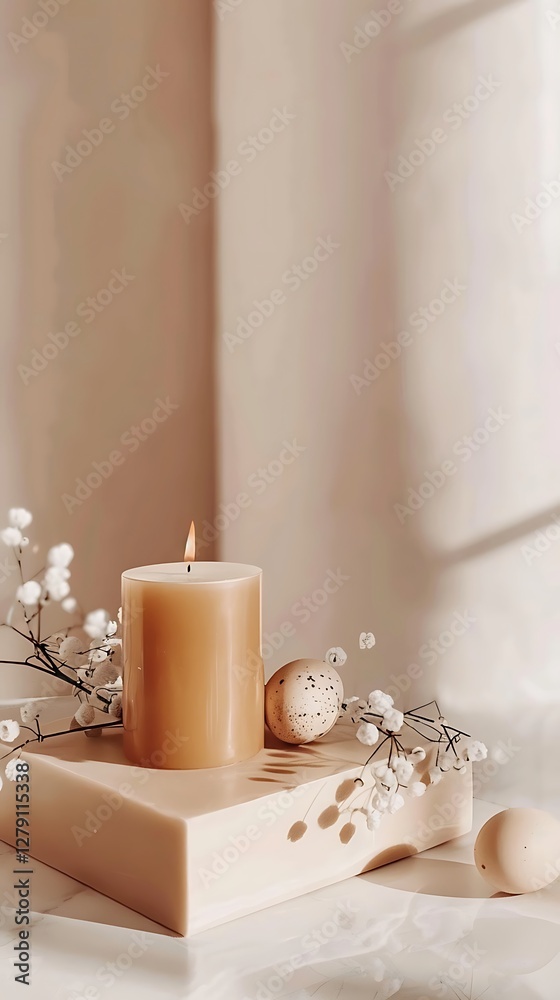 there is a candle and some small flowers on a table